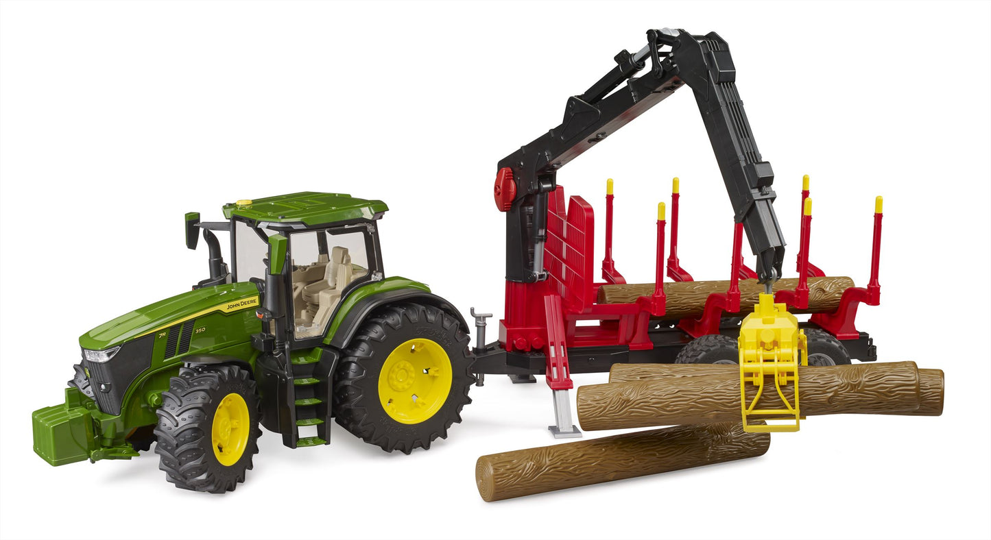 Bruder John Deere tractor 7R 350 met houtbouw aanhanger en 4 boomstammen
