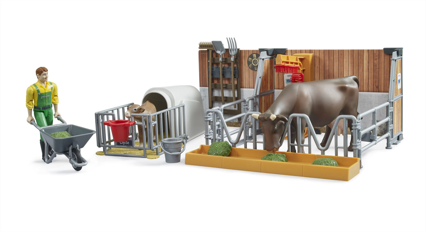 Bruder bworld Koe- en kalverstal incl.koe en accessoires